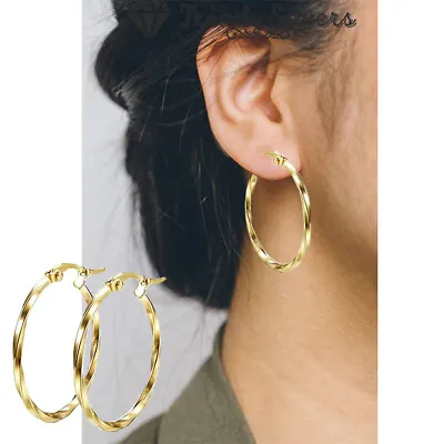 Twisted Click Top Big Hoop Earrings 14K Gold Plated Jewelry Fashion Women Girls • £3.99