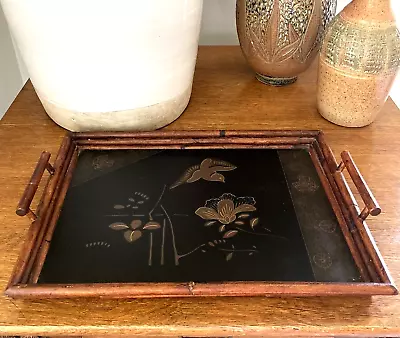 VTG PALECEK Bamboo Tray Asian Floral Bird MCM San Francisco 19 X 13 Black • $59.97