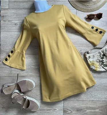 £9.99 • Buy Cute 10 Dress Retro Yellow Mini A Line Jersey 3/4 Flared Sleeves Button 60s