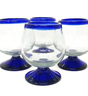 Dos Suenos Mexican Hand Blown Glass- Set Of 4 Cognac Snifter Cobalt Blue • $32.99