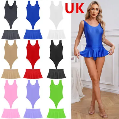 UK Womens Bodysuit High Cut Two-Piece Thong Leotard With Miniskirt Set Beachwear • £5.39