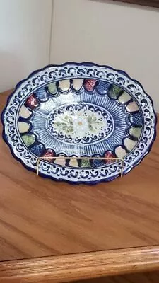 Mexican Vintage Ceramic Blue Floral Pottery Handmade Serving Plate Oval Dish • $17.70