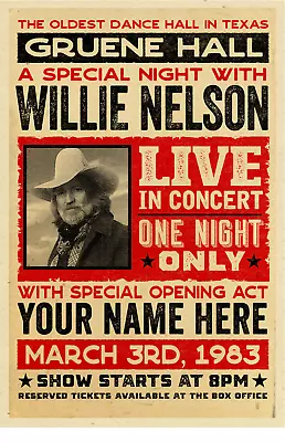 $20 • Buy Your Name On A Personalized COUNTRY MUSIC Concert Poster With WILLIE NELSON
