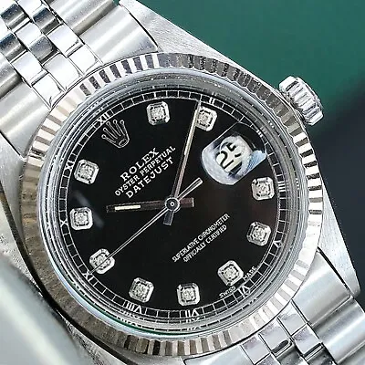 Rolex Mens Datejust Gold & Steel Black Diamond Dial Fluted Bezel 36mm Watch 1601 • $3995