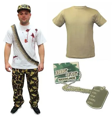 Army Men Camouflage Complete Accessories Trouser T-Shirt Hat Dog Tag Bullet Belt • £9.99