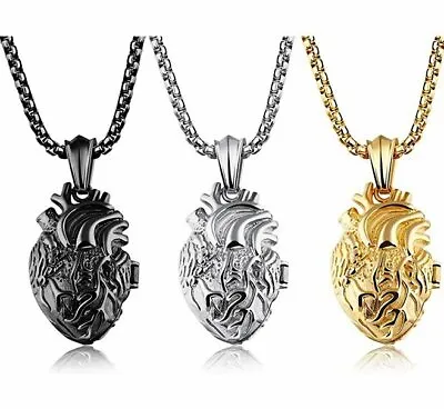 Stainless Steel Open Anatomical Organ Heart Memorial Locket Pendant Men Necklace • $13.99