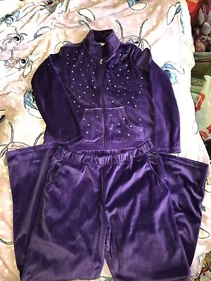 Vintage Retro Y2K Barbara Graffeo Purple Velvet Tracksuit Rhinestone Gem Size L • £24.99