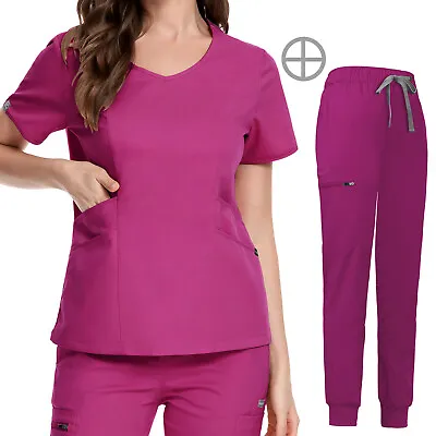 Women Stretch Jogger Scrub Set Medical Nurse Uniform 4-Pocket Tops Jogging Pants • $16.99