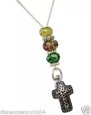 Antique Inspired Cross ID Lanyard Green Murano Glass Beads-Nurse RN Teacher-31  • $14