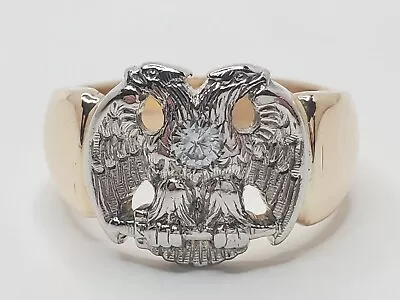 Mens 14k Yellow & White Gold .10ct Diamond Masonic 2 Headed Eagle Ring Size 8 • $699.99