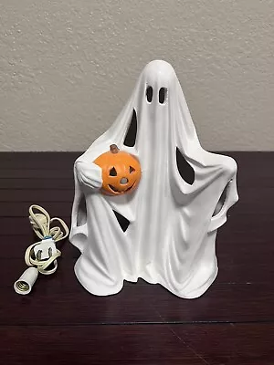 Vintage Ceramic Ghost With Pumpkin Lights Up Halloween Decor Jack Lantern Mold • $45