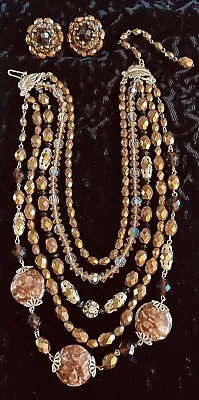 Fantastic 1950’s Vintage LA ROCO  5-Strand Czech Glass Necklace/Earrings SIGNED • $65