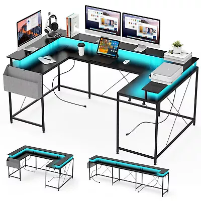 U Shaped 78  Gaming Desk With LED Lights USB Ports Reversible Home Office Desk • $156.35