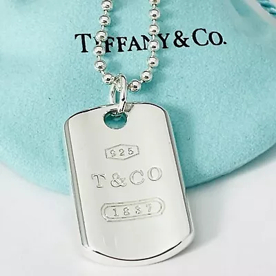 24  Tiffany & Co 1837 Dog ID Tag On Bead Chain Necklace Mens Unisex • $469