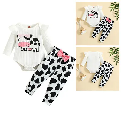 Newborn Baby Girl Bodysuit Cow Prints Romper Pants Set Infant Outfits Clothes • £11.99