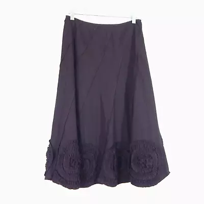 SUNNY TAYLOR Skirt Midi A Line Side Zip 100% Cotton Boho Ric Rac Brown 4 • $0.99