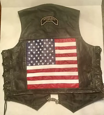 £97.31 • Buy Leather Biker Vest With American Flag Daytona Beach Chapter Patch Size 4XL