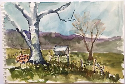 Original Modernist Watercolor Painting Birch Tree Western Mass Barn Landscape • $50