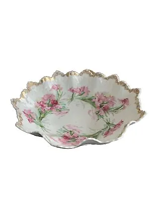 Antique Moritz Zdekauer MZ Scalloped Porcelain Serving Bowl Pink Flowers • $18.95