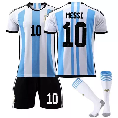 Kids 2022 Argentina Lionel Messi #10 Jersey Shirt Shorts Socks Sports Outfit Set • £17.49