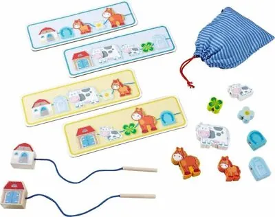 HABA On The Farm Threading Game With 10 Chunky Wooden Lacing Figures&4 Templates • $34.99