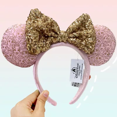 Gold Bow Pink Mouse Ears Disney- Headband For Girls Women Shiny Sequin Hairband • $16.92