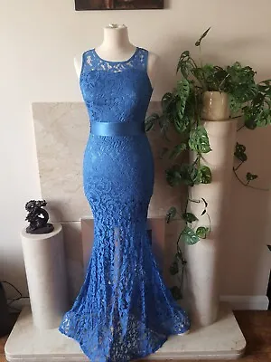 Blue Lace Mermaid Fishtail Dress S 8 10 UK Long Sleeveless Prom Cocktail  • £25.99