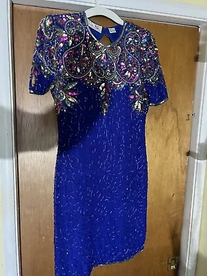 Vintage Laurence Kazar Sequin Beaded Dress Blur Silk Party Cocktail L • $27.99