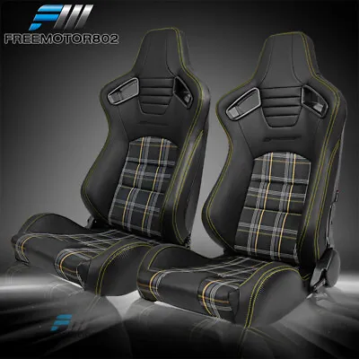 Adjust Universal Racing Seat Black PU&Carbon Leather Yellow Plaid&Dual Slider • $348.99