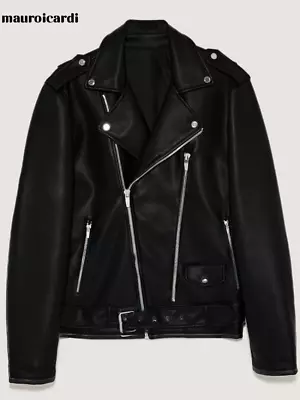 Short Black Leather Biker Jacket For Men Long Sleeve Soft Faux Leather Jackets • $71.15