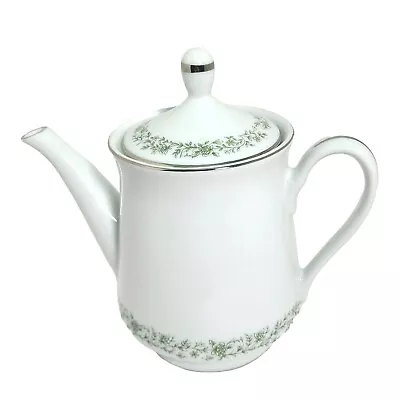 Mikasa Montclair Teapot White Green Floral Bone China Platinum Japan G9059 Vtg  • $19