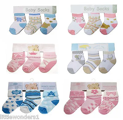 3 Pairs Of Baby Socks Assorted Designs 0-3 Months Boys Or Girls Blue/Pink/Cream • £3.95