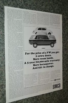 ★★1966 Simca 1000 / Vw Beetle Original Large Advertisement Print Ad 66 • $10.79