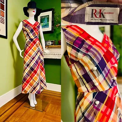 Vtg 60s Madras Plaid Wrap Maxi Designer Party Dress 36/28  R&K • $89.99