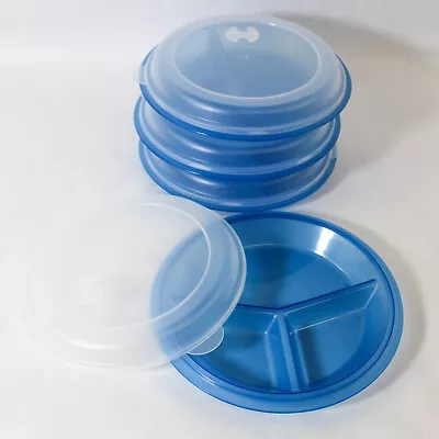 Lot Of 4 Unbranded Portion Plates 3 Sections Blue Clear Lid Vent Round Kitchen • $20.90