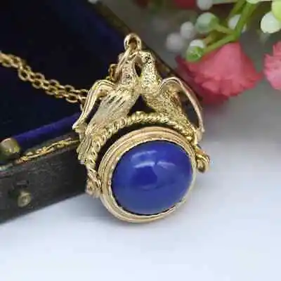 Vintage 9ct Gold Love Birds Chalcedony Spinner Fob 1965 - Ornate Animal Watch • £297.95