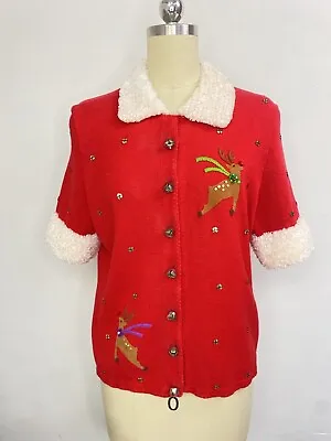 Vintage Michael Simon Event Red Santa Holiday Party Sweater Cardigan M • $78.98
