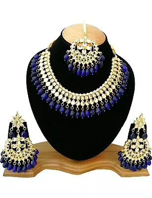 Indian Bridal Choker Fashion Jewelry Kundan Blue Necklace Earrings Gold Plated  • $23.75