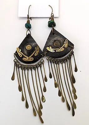 Vintage Boho 4  Dangle Earrings Hammered Brass Turquoise & Wood Fish Hook Backs • $16.95