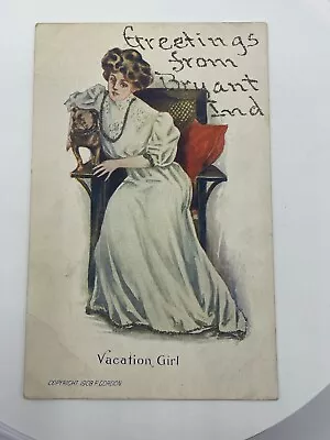 Vintage Postcard 1908 P. Gordon Vacation Girl Victorian Woman & Pit Bull Dog • $4.99