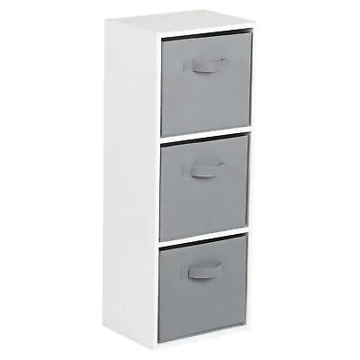 3 Tier White Storage Cube Shelves Bookcase Display Unit + Grey Fabric Drawer Box • £23.99