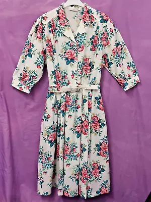 Vintage Eastex Linen Look Pink Red Floral Belted Dress Puff Slvs Full Skirt Uk14 • £7.99