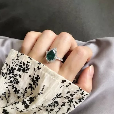 4 Ct Emerald Ring For Women Halo Pear Cut Emerald Genuine 925 Silver  Simulated • $109