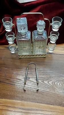 Antique | Liquor 2 Bottle | 6 Shot Glasses & Metal Holder Rack | Vintage Tongs • $39.99