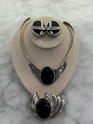 Modernist TURE Onyx 925 Sterling Silver Set Necklace Clip Earrings Brooch Estate • $199