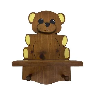 Wooden Teddy Bear Wall Shelf Coat Rack Hanger 2 Pegs Nursery Kids Room Decor • £26.72