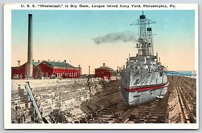 USS Mississippi In Dry Dock League Island Navy Yard PA Postcard • $5.50