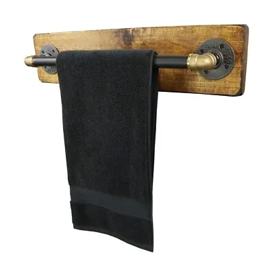 Towel Rail Wooden Base - Industrial Raw Steel & Brass Pipe - Vintage Look • £40.95