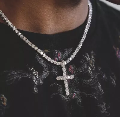 Mens Hip Hop Necklace Diamond Cross Ice Out Cubic Zicronia Tennis Chain Bling • £7.99