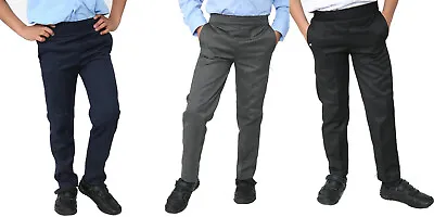 Age 2-10 Easy Wear Boys Pull Up Elasticated Back School Trousers Black Grey Navy • £10.89